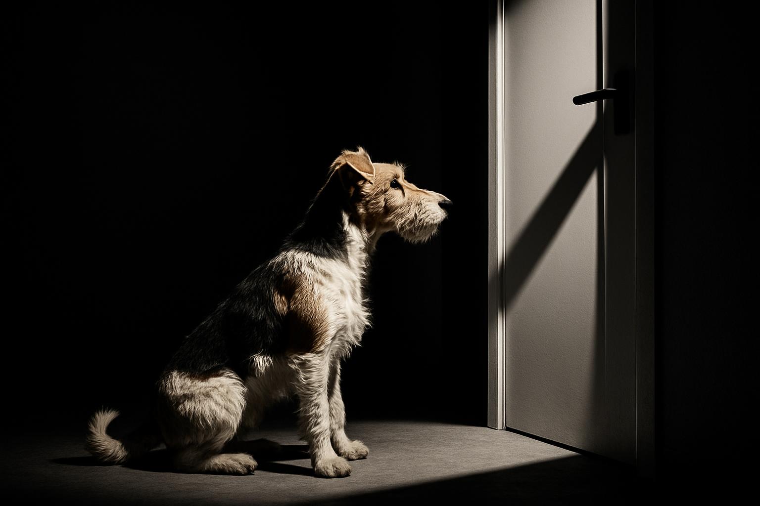 A long-haired fox terrier sits in the dark next to an open door, casting a large shadow.