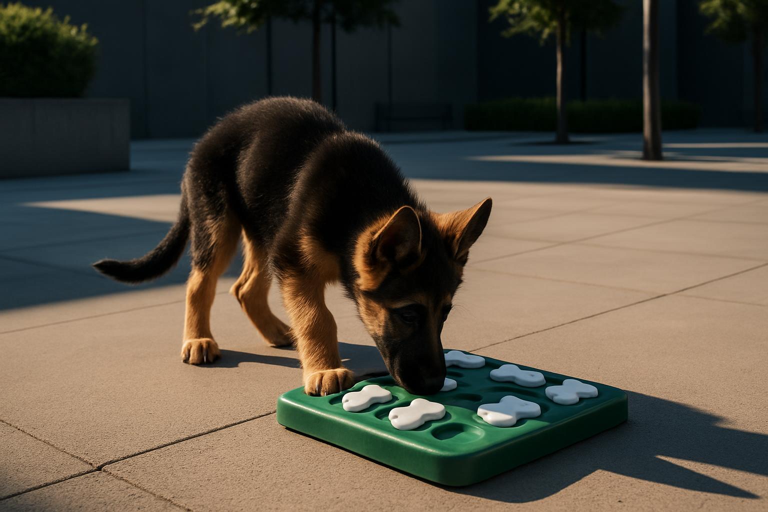 The image shows a black and tan puppy with pointy ears, while going in for an object atop a green puzzle toy. Inside a gra...