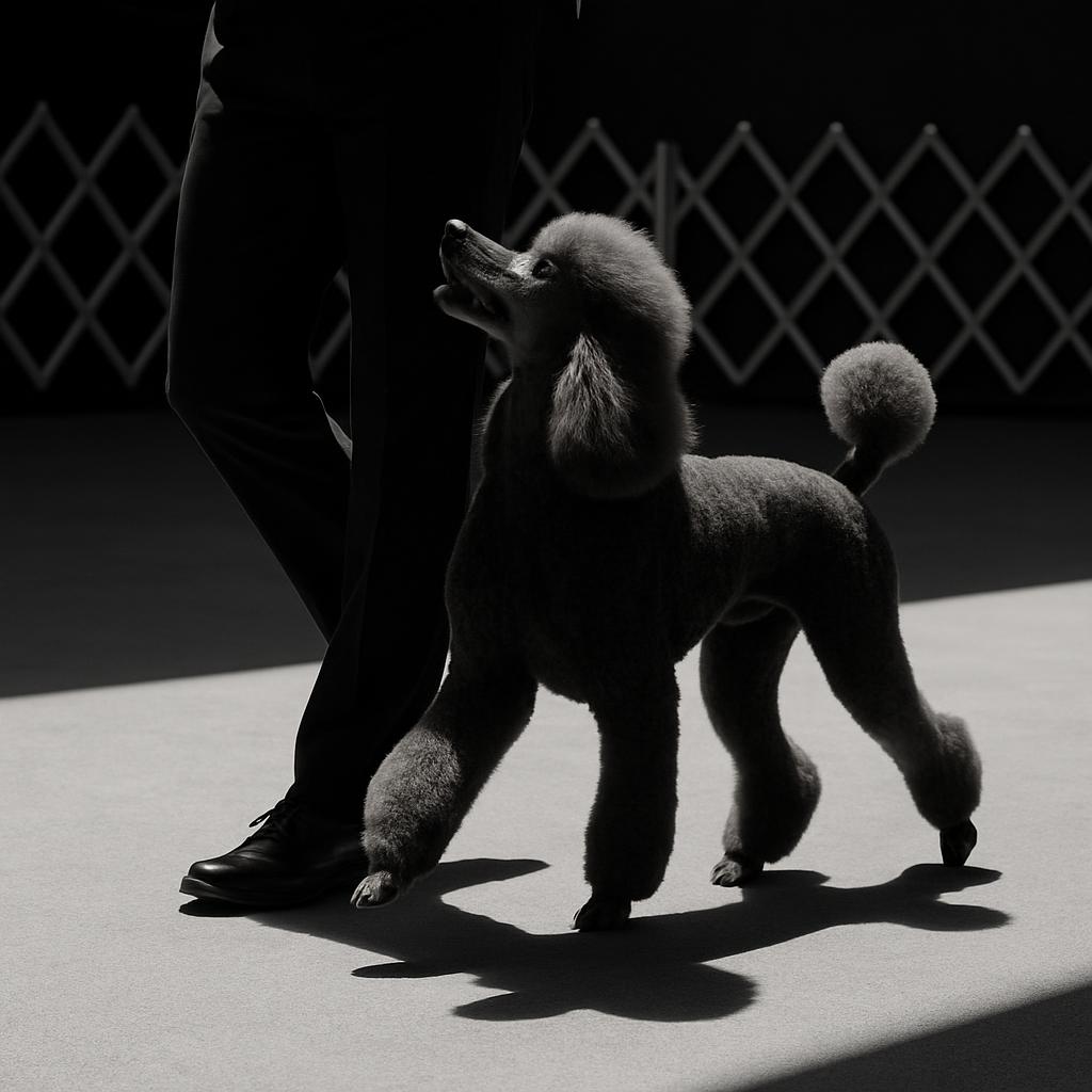 The image depicts a dog and its handler. [black and white photograph of dog and master walking side by side on a stage]