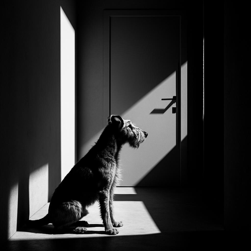 Wheelchair-bound dog sitting in a hallway with shadows cast on the walls.