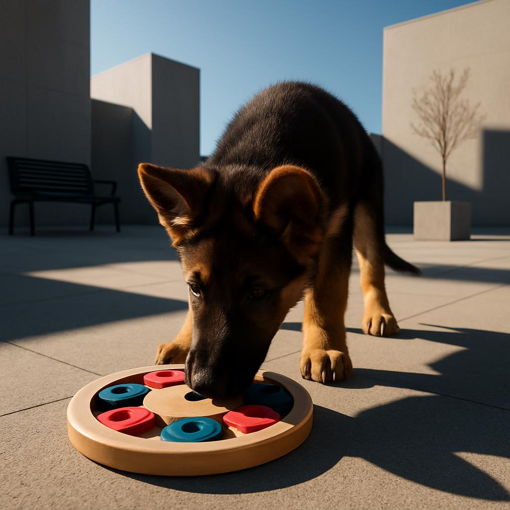 The dog is engaged in a game of puzzle pieces, where he must use problem-solving skills to reassemble the circular board. ...