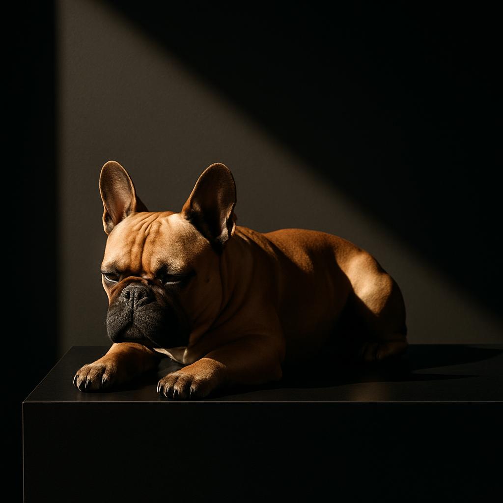 A small, tan French Bulldog sits on a square black table, with light shining down from above, casting a beam of shadow beh...